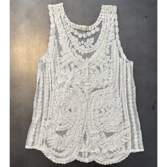 Crochet Mesh Ivory Tank Top Sheer Boho Sleeveless V-Neck Swim Cover Up Shirt OS - Picture 2 of 7